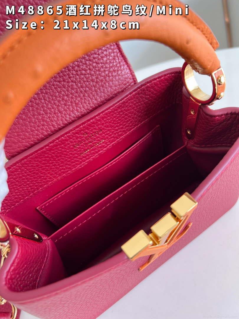 LV M48865 Louis Vuitton Capucines Mini Bag Stitched ostrich leather Wine Red