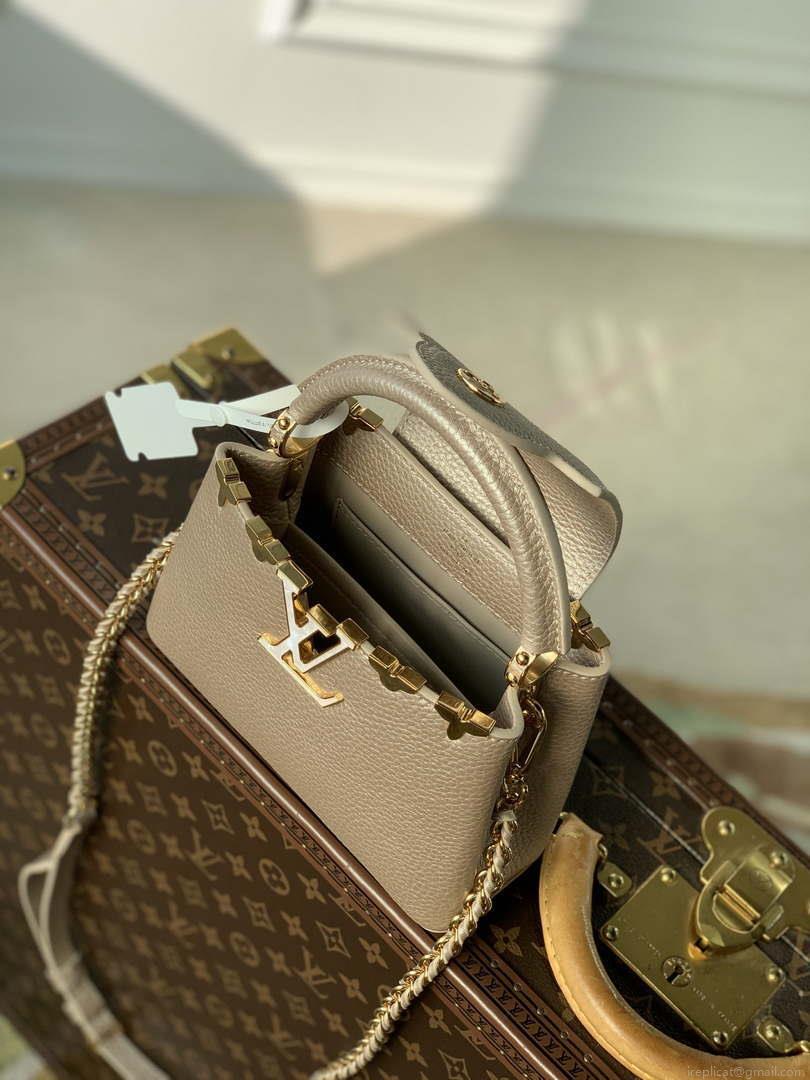 LV M22436 Louis Vuitton Capucines Mini Handbag Griotte Pearlescent khaki