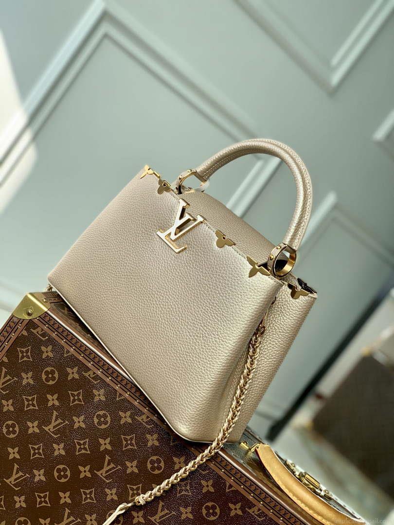 LV M22436 Louis Vuitton Capucines MM Handbag Griotte Pearlescent khaki