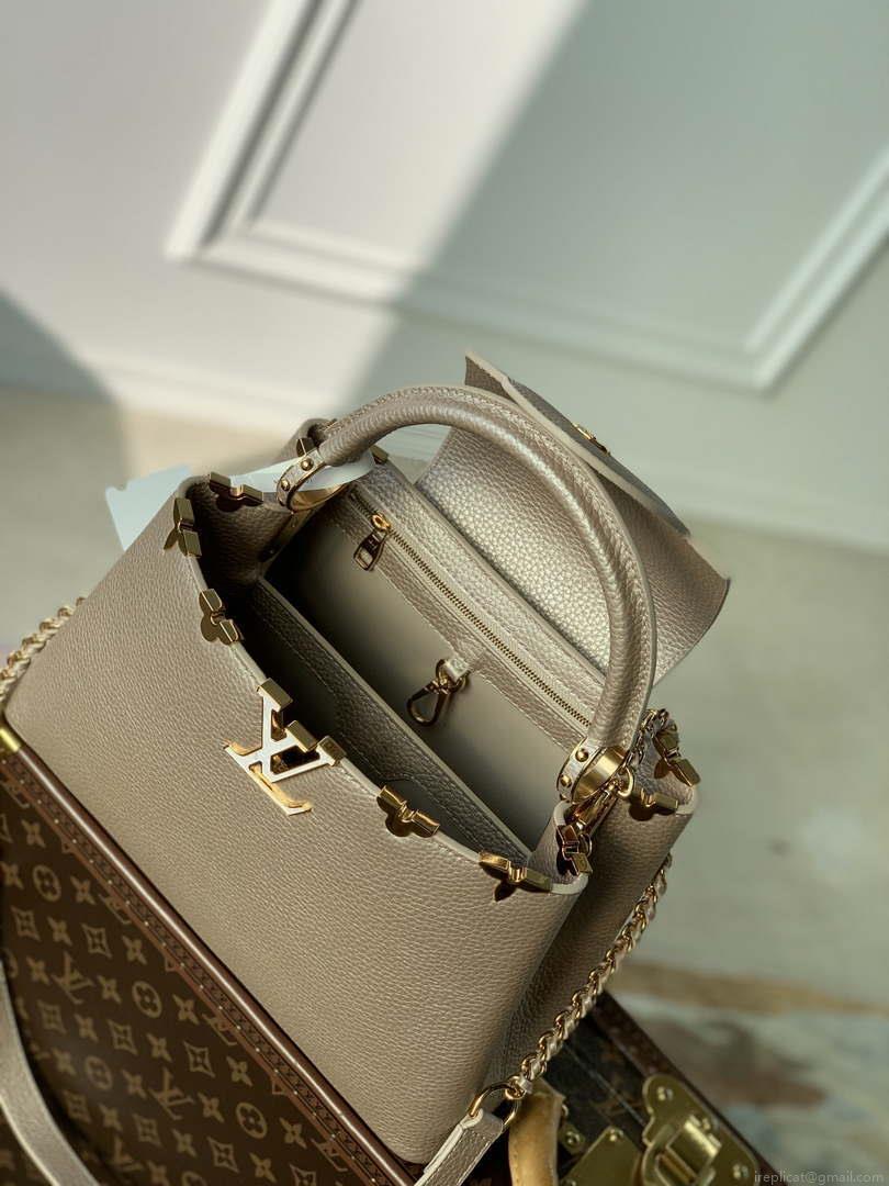 LV M22436 Louis Vuitton Capucines MM Handbag Griotte Pearlescent khaki