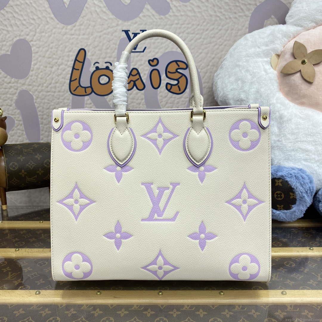 LV M23937 Louis Vuitton OnTheGo MM Bicolor Monogram Empreinte Leather Latte Bubble Tea Purple