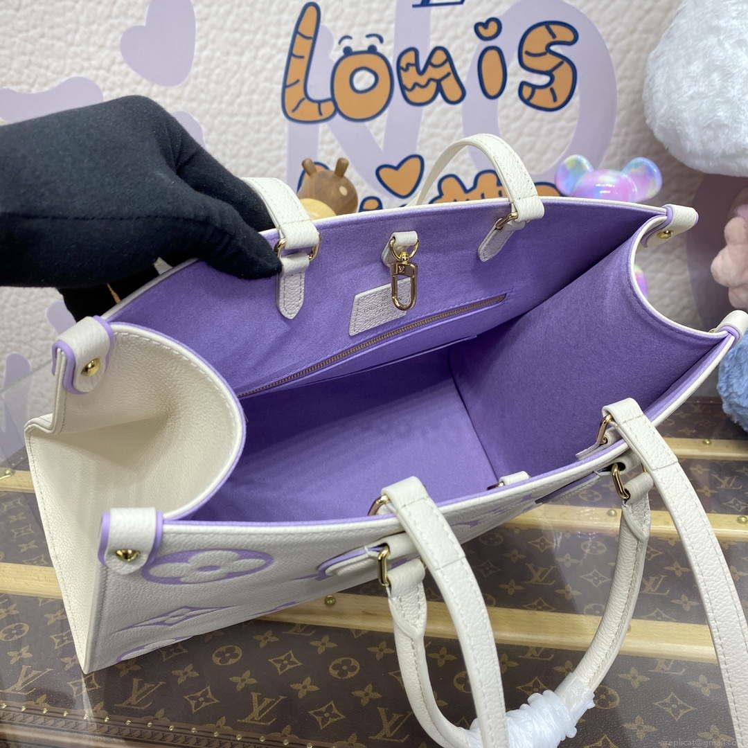 LV M23937 Louis Vuitton OnTheGo MM Bicolor Monogram Empreinte Leather Latte Bubble Tea Purple