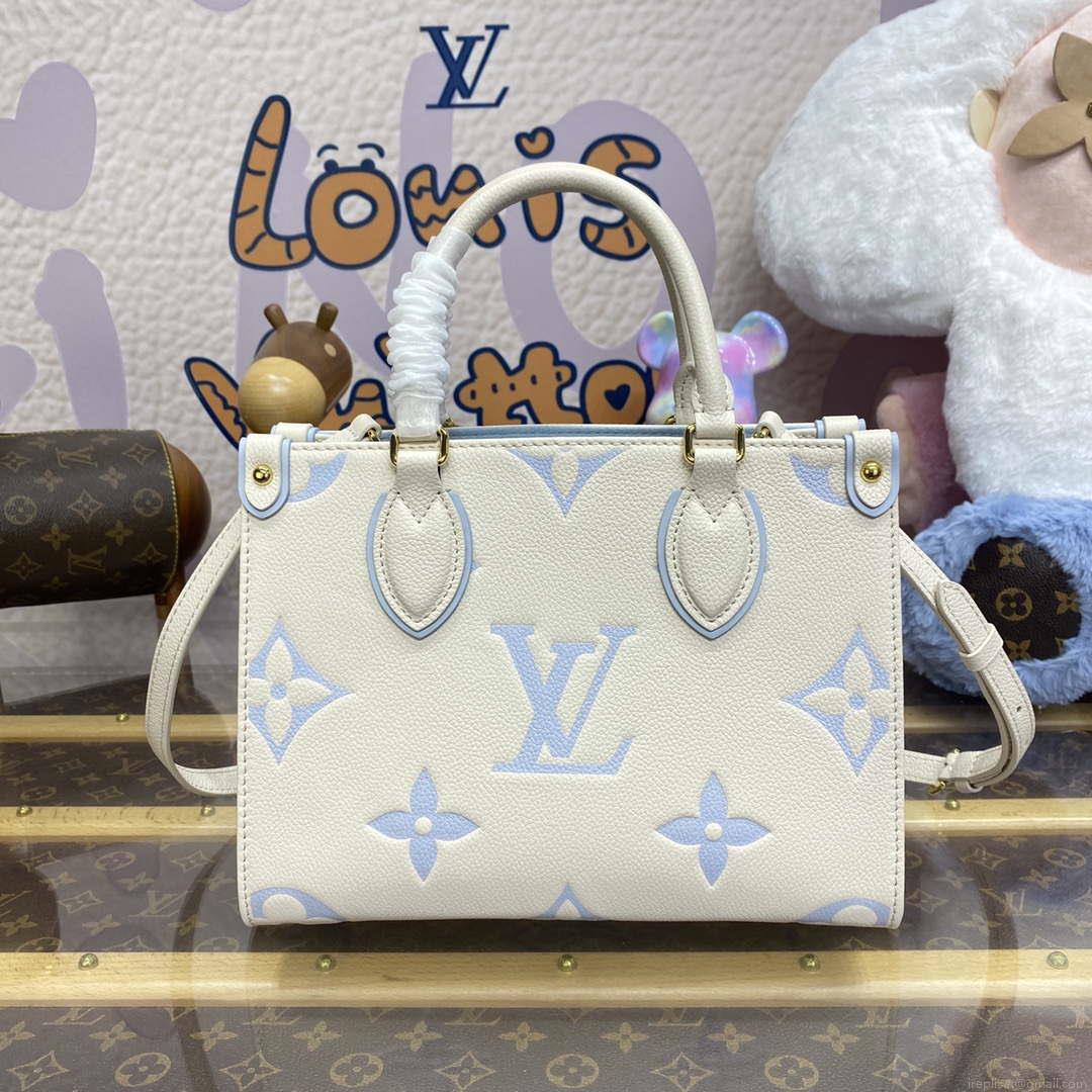 LV M46833 Louis Vuitton OnTheGo PM Bicolor Monogram Empreinte Leather Latte Blue