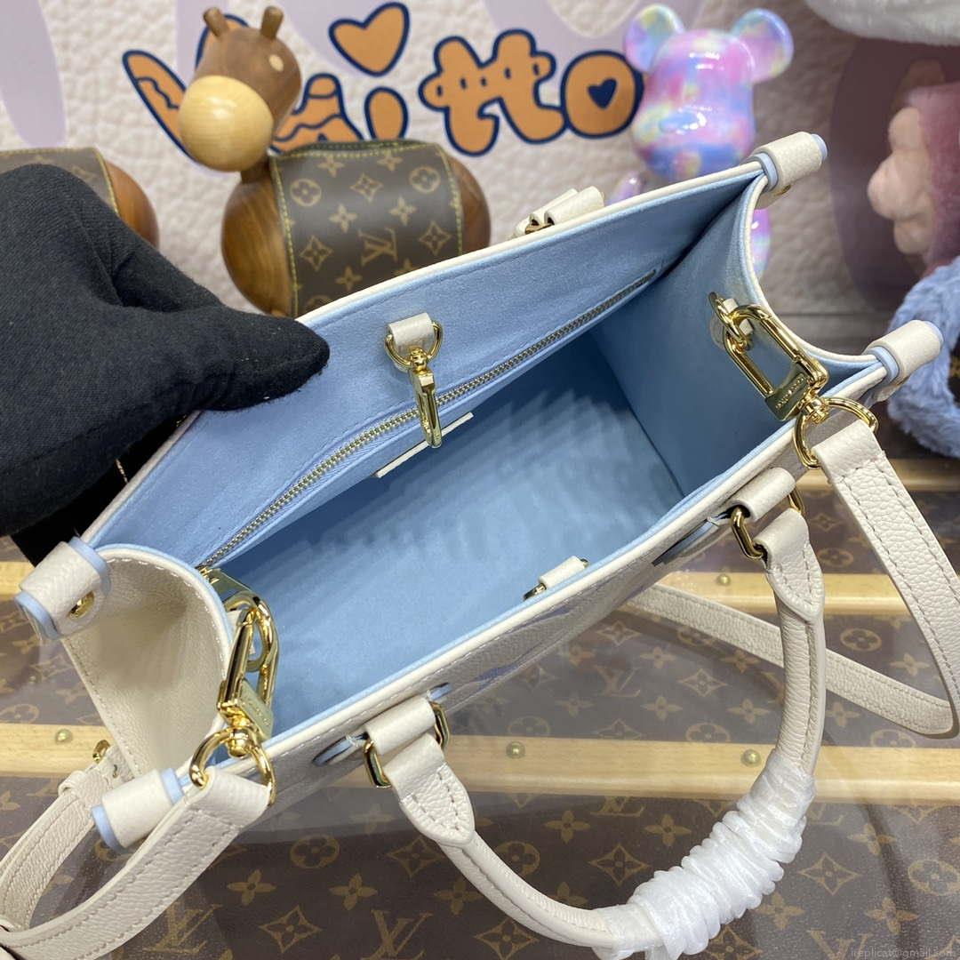 LV M46833 Louis Vuitton OnTheGo PM Bicolor Monogram Empreinte Leather Latte Blue