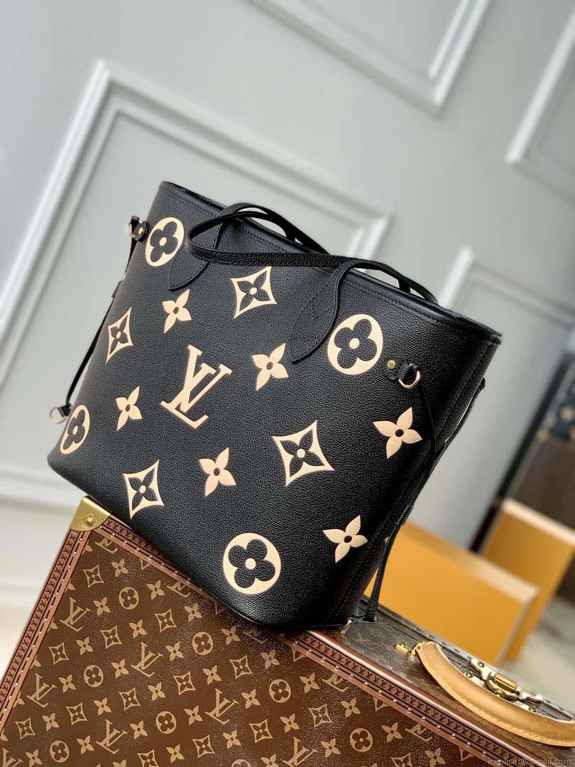 LV M58907 Louis Vuitton Neverfull MM Bag M45685 Monogram Empreinte Leather Black with Beige Logo
