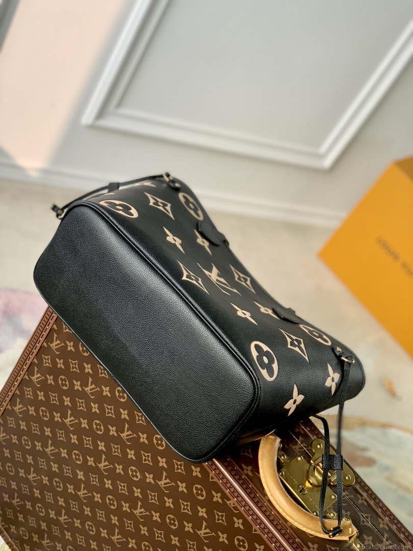 LV M58907 Louis Vuitton Neverfull MM Bag M45685 Monogram Empreinte Leather Black with Beige Logo