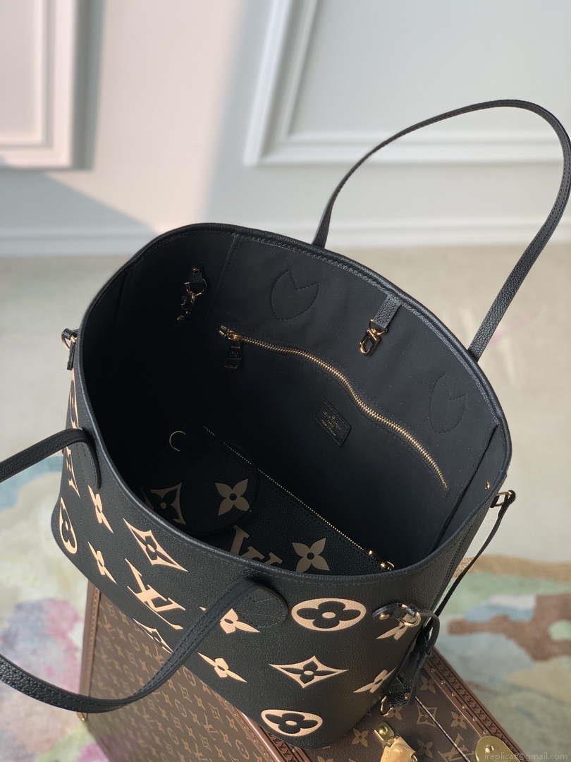 LV M58907 Louis Vuitton Neverfull MM Bag M45685 Monogram Empreinte Leather Black with Beige Logo