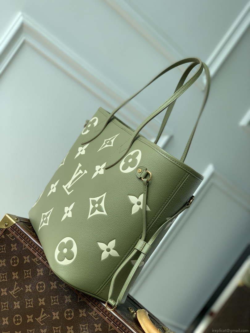 LV M46649 Louis Vuitton Neverfull MM Tote Bag Monogram Empreinte Leather Kaki Cream
