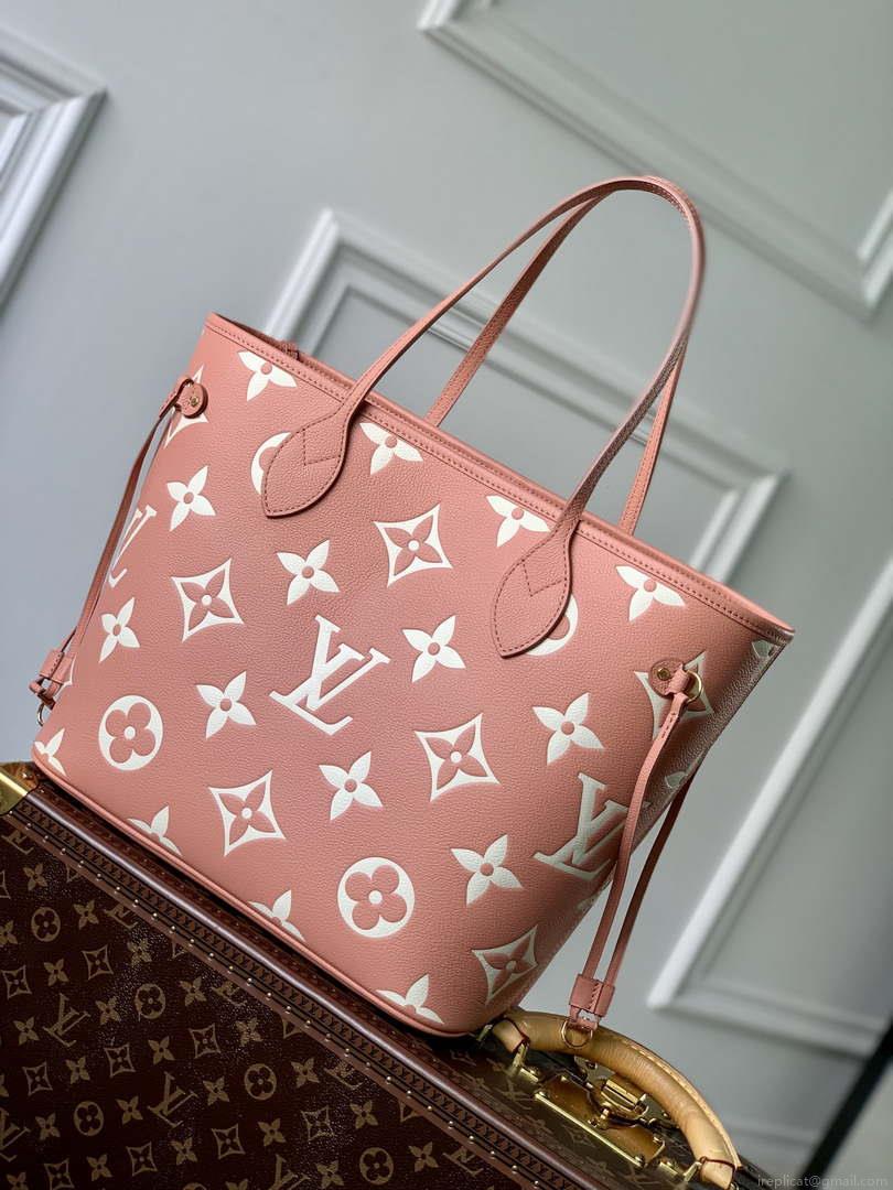 LV M45686 Louis Vuitton Neverfull MM Tote Bag Monogram Empreinte Leather Pink Cream