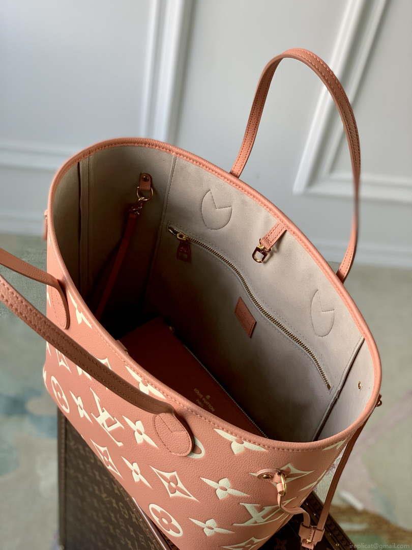 LV M45686 Louis Vuitton Neverfull MM Tote Bag Monogram Empreinte Leather Pink Cream