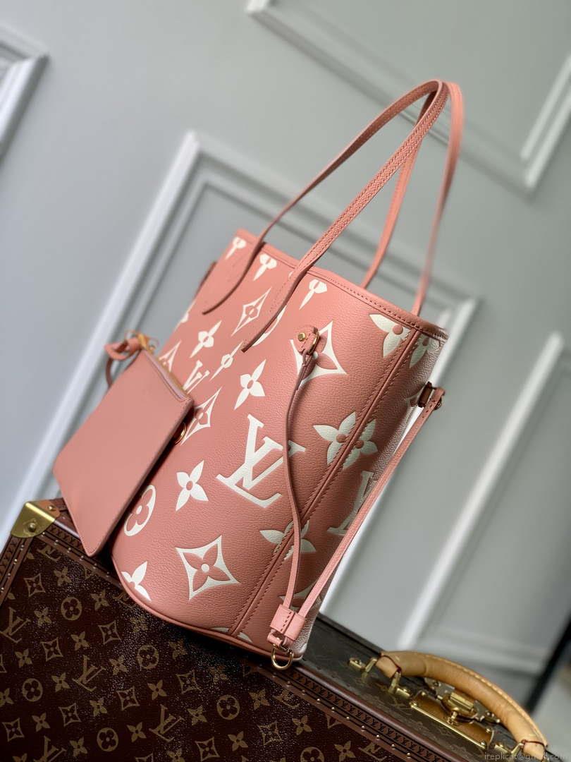 LV M45686 Louis Vuitton Neverfull MM Tote Bag Monogram Empreinte Leather Pink Cream