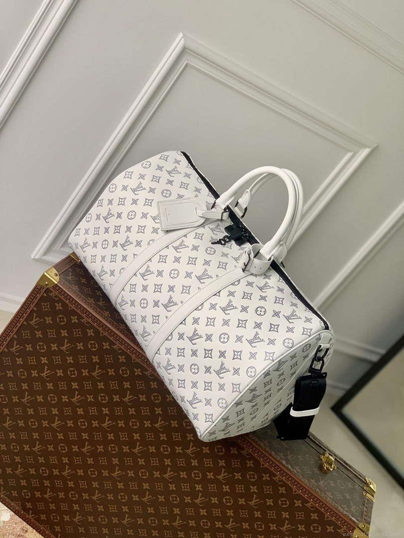 LV M24954 Louis Vuitton Keepall Bandoulière 50 Travel Bag White/Navy Blue