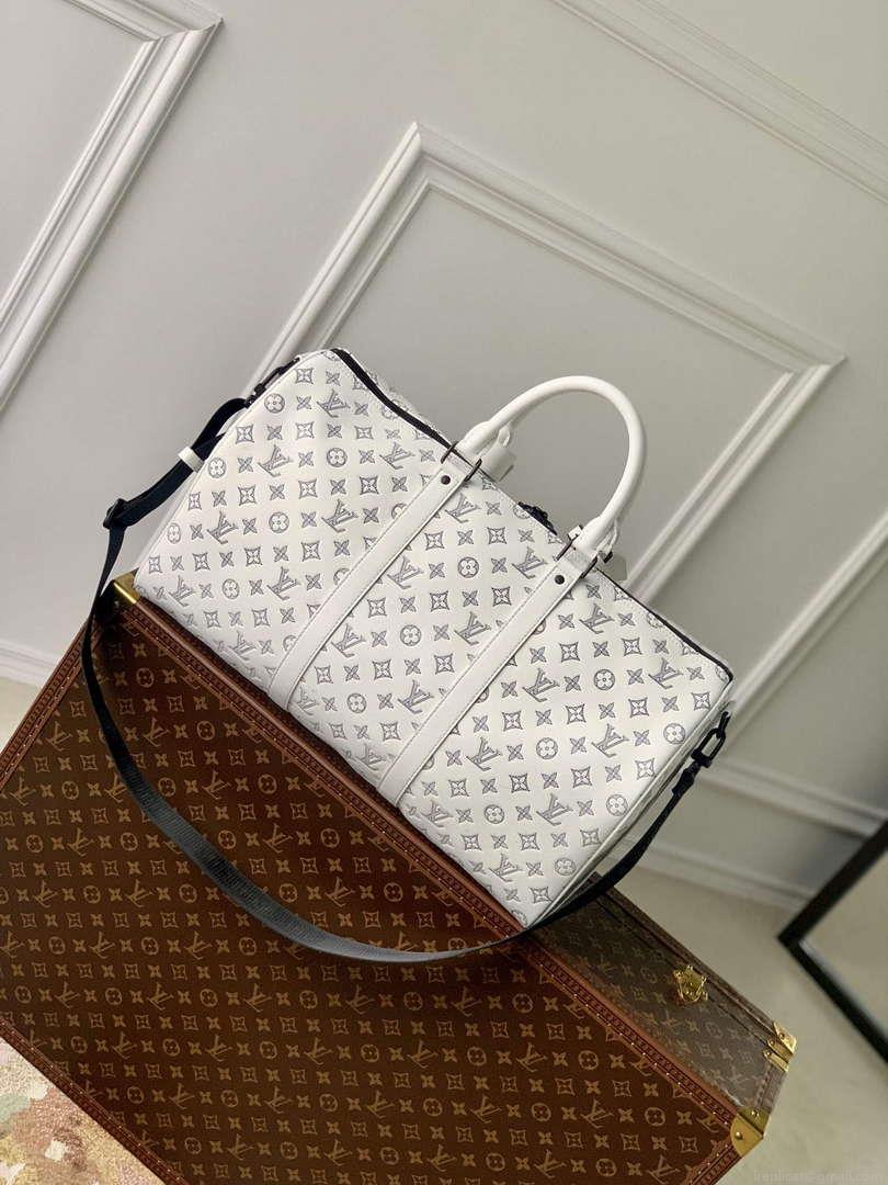 LV M24954 Louis Vuitton Keepall Bandoulière 50 Travel Bag White/Navy Blue