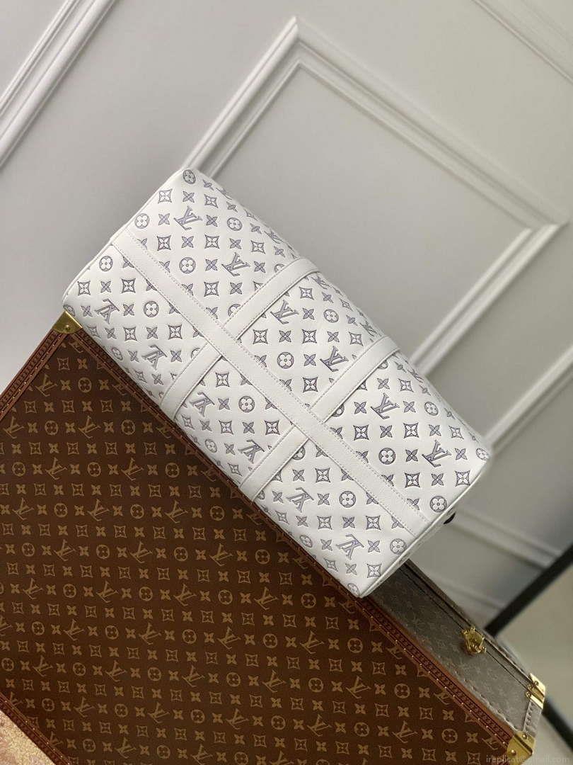LV M24954 Louis Vuitton Keepall Bandoulière 50 Travel Bag White/Navy Blue