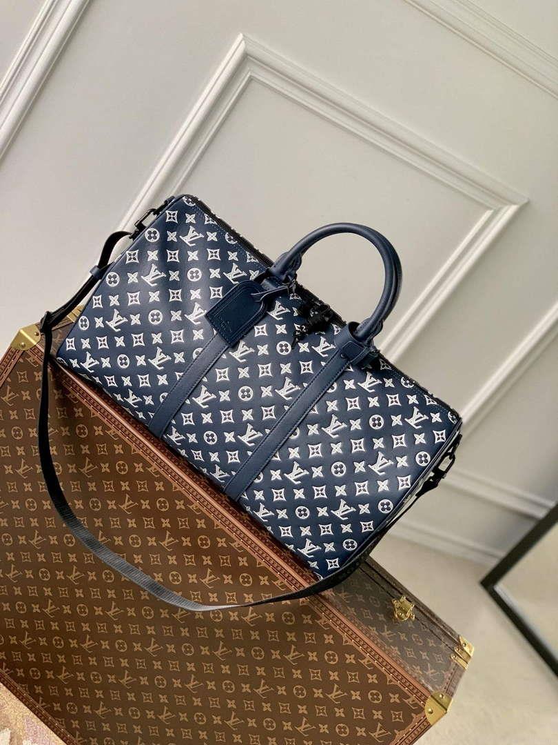 LV M24953 Louis Vuitton Keepall Bandoulière 50 Travel Bag Ink Blue/White
