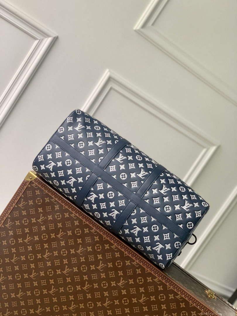 LV M24953 Louis Vuitton Keepall Bandoulière 50 Travel Bag Ink Blue/White