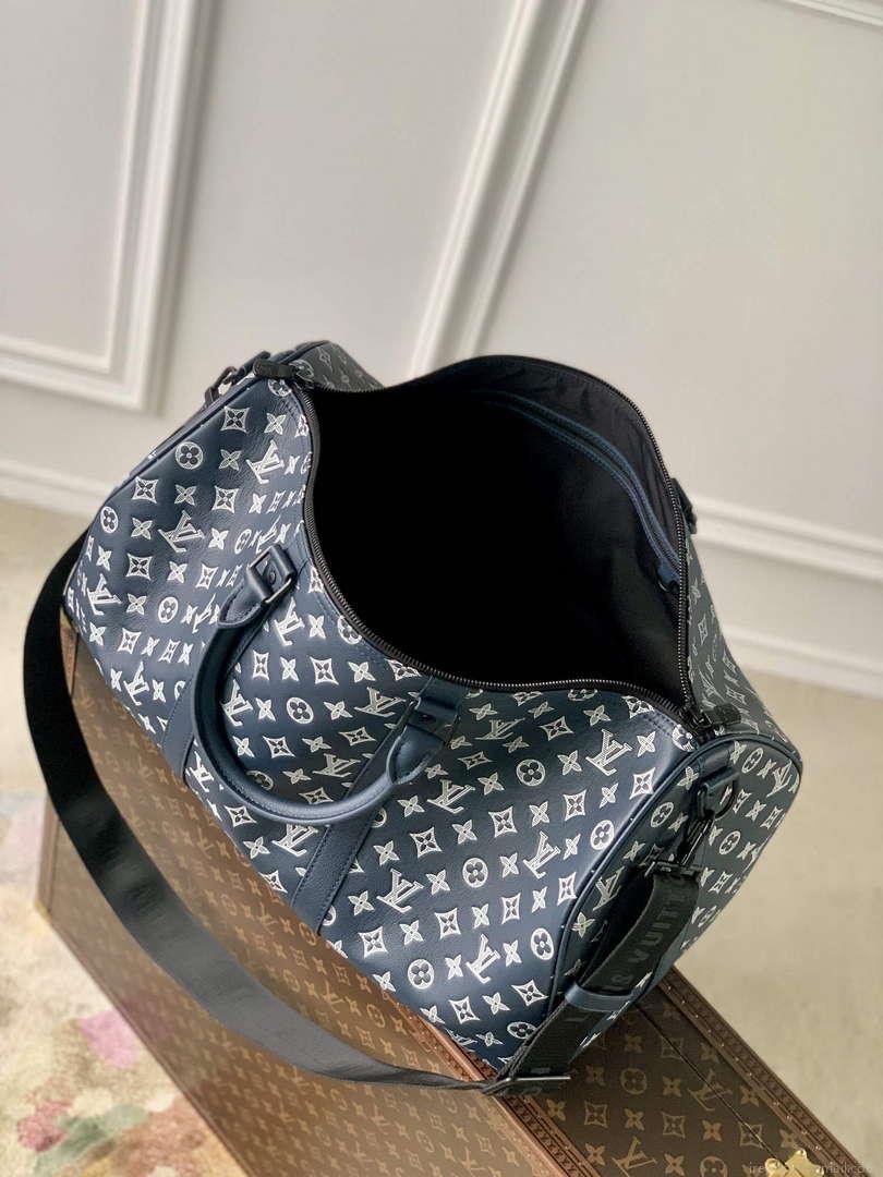 LV M24953 Louis Vuitton Keepall Bandoulière 50 Travel Bag Ink Blue/White