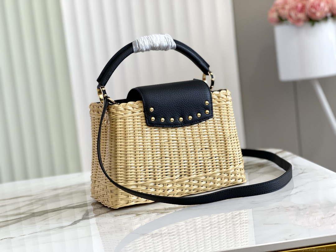 LV M55011 Louis Vuitton Capucines BB Handbag Straw Leather Beige Black