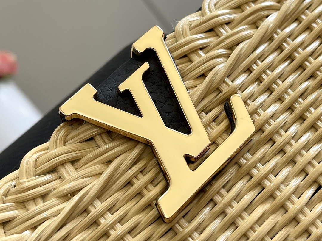 LV M55011 Louis Vuitton Capucines BB Handbag Straw Leather Beige Black