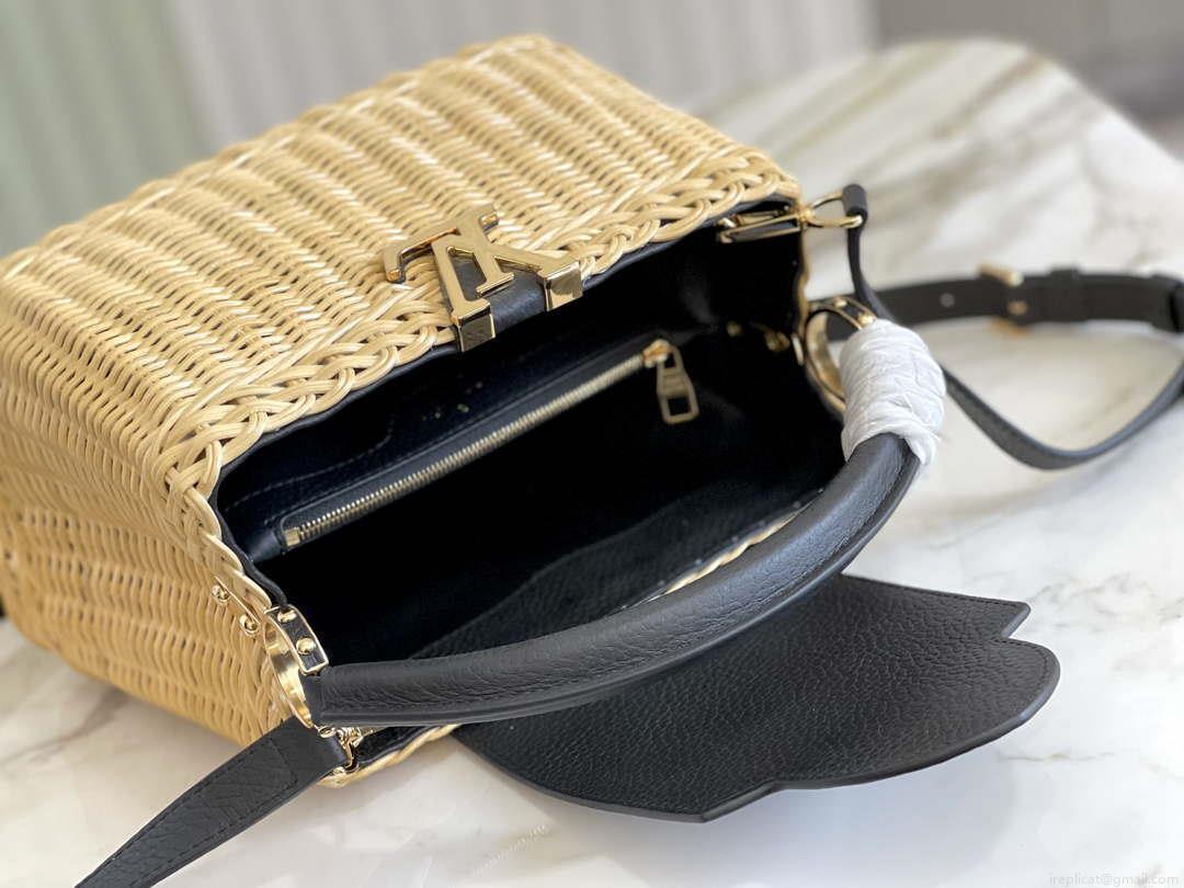 LV M55011 Louis Vuitton Capucines BB Handbag Straw Leather Beige Black
