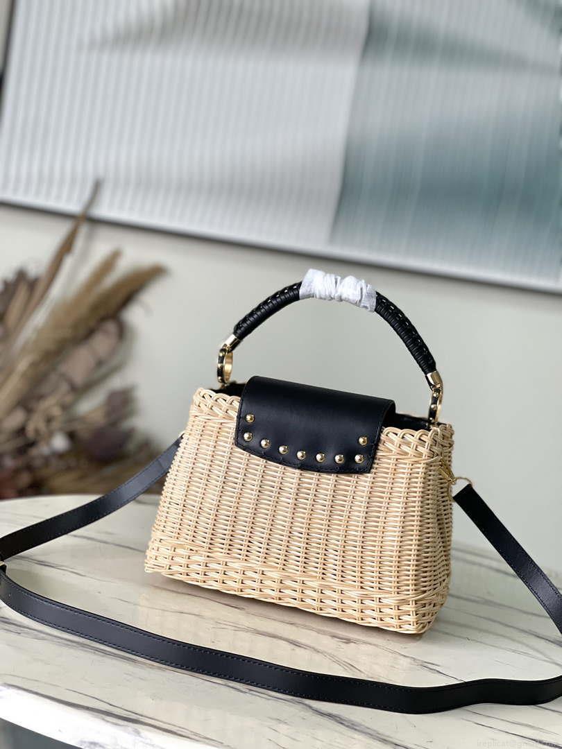 LV M48865 Louis Vuitton Capucines BB Handbag Straw Leather Beige Black
