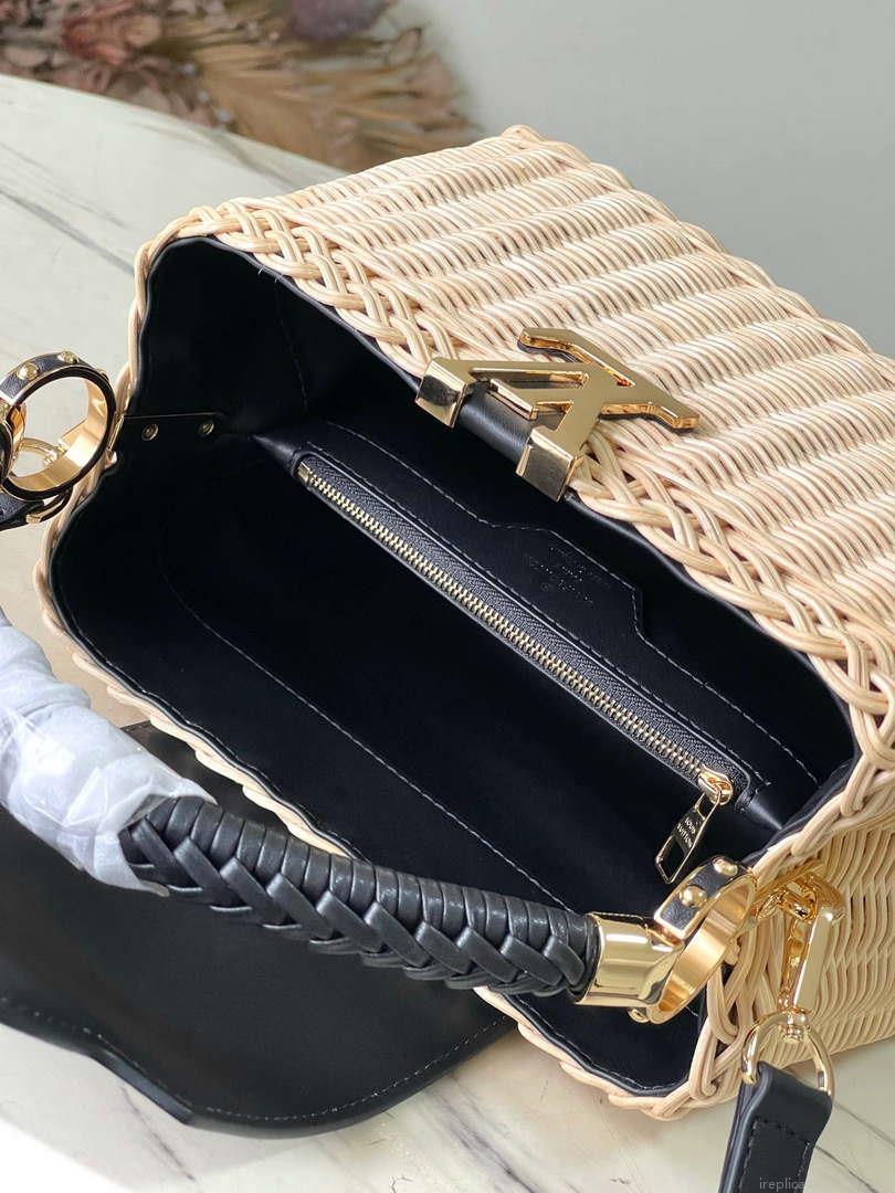 LV M48865 Louis Vuitton Capucines BB Handbag Straw Leather Beige Black