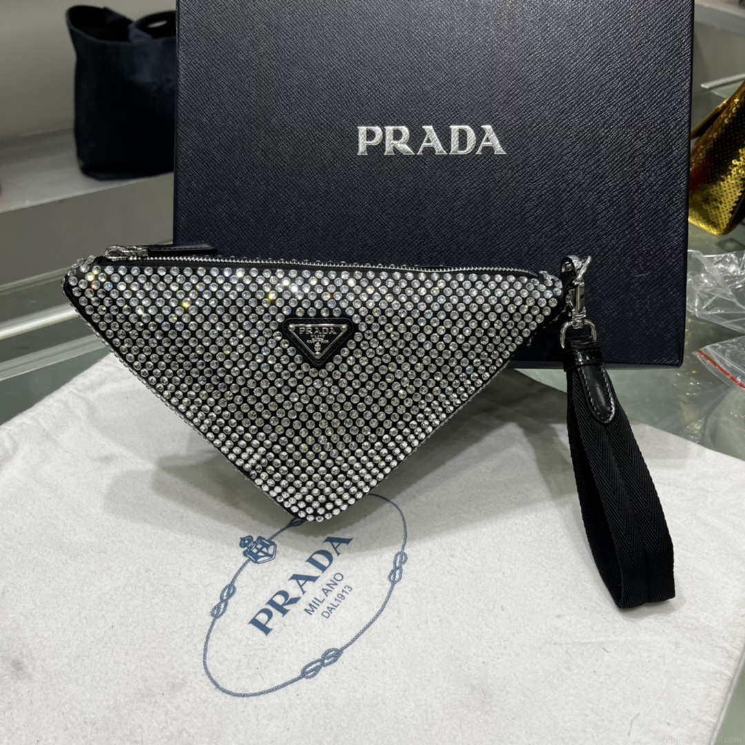 Prada 1NE039 Crystal-studded satin pouch Black