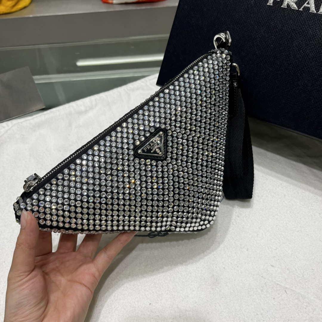 Prada 1NE039 Crystal-studded satin pouch Black