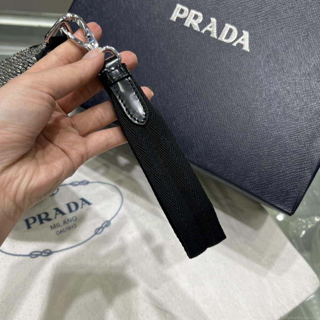 Prada 1NE039 Crystal-studded satin pouch Black