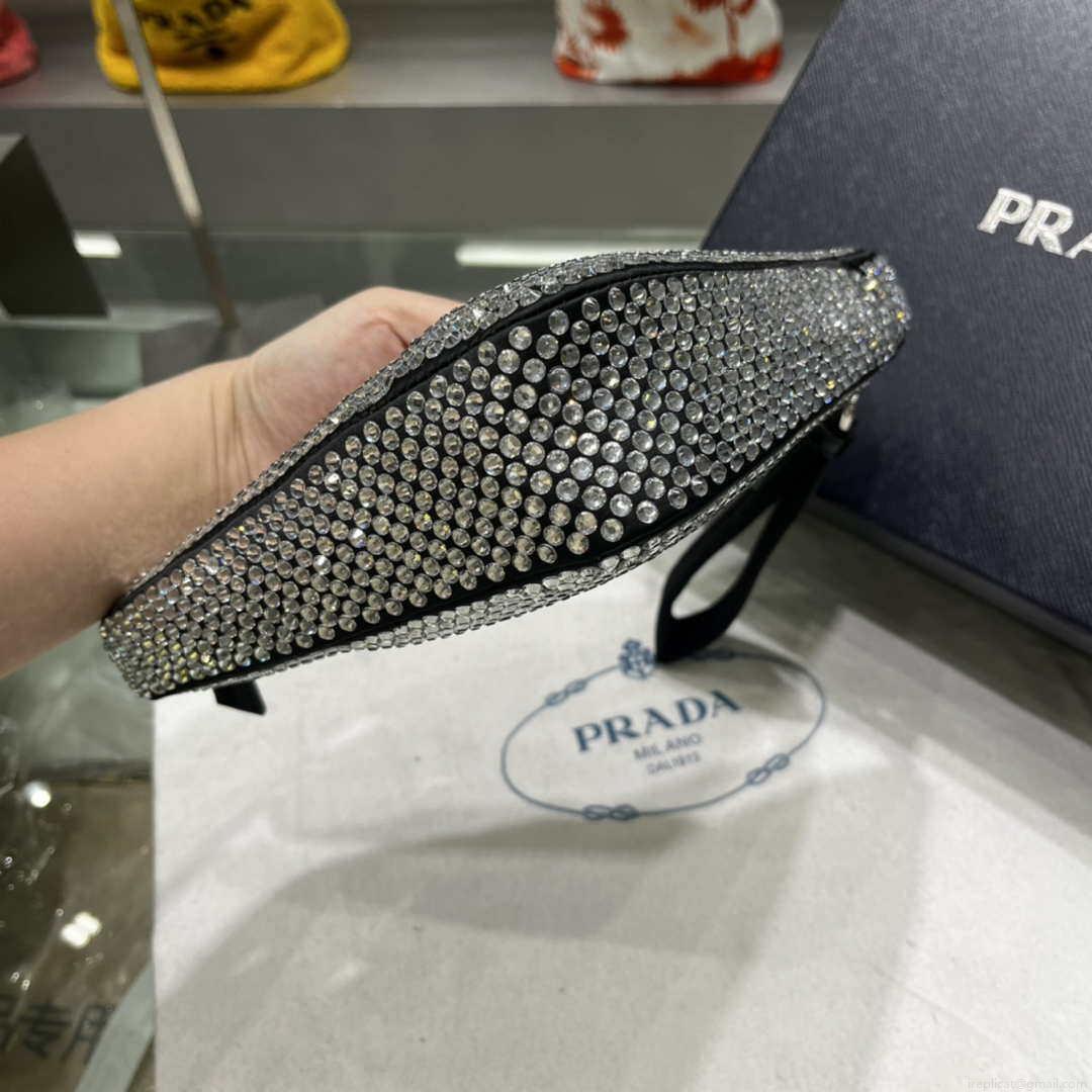 Prada 1NE039 Crystal-studded satin pouch Black