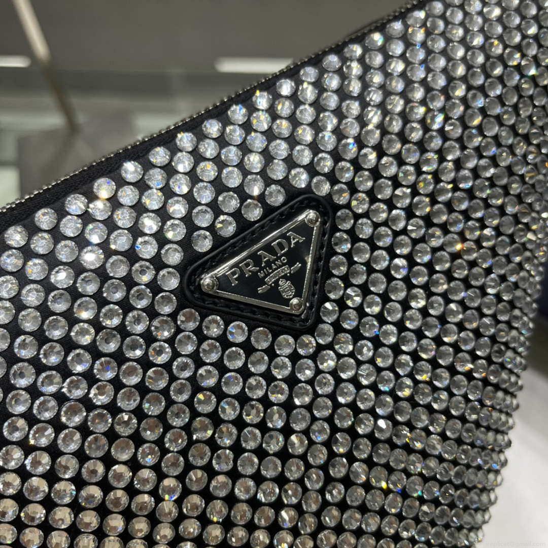 Prada 1NE039 Crystal-studded satin pouch Black