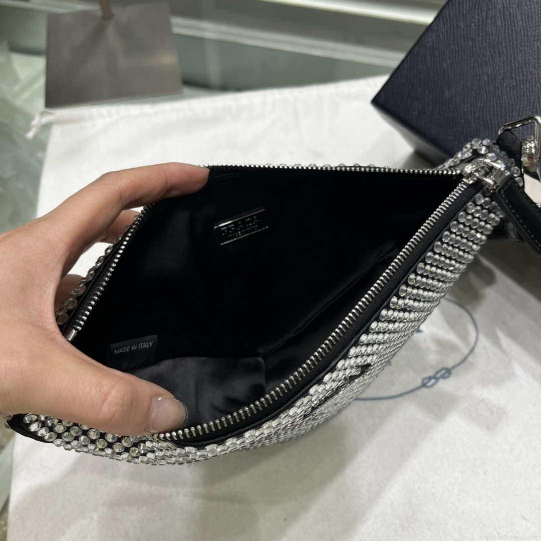 Prada 1NE039 Crystal-studded satin pouch Black