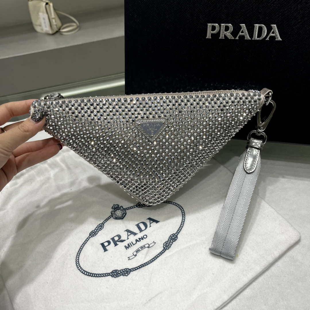 Prada 1NE039 Crystal-studded satin pouch Gray