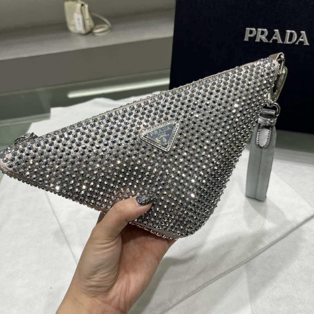 Prada 1NE039 Crystal-studded satin pouch Gray