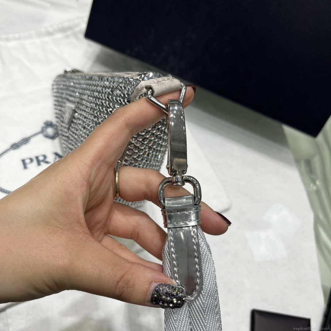 Prada 1NE039 Crystal-studded satin pouch Gray