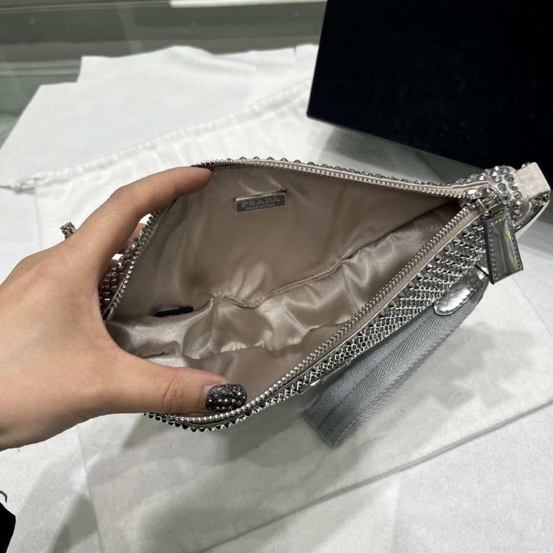 Prada 1NE039 Crystal-studded satin pouch Gray