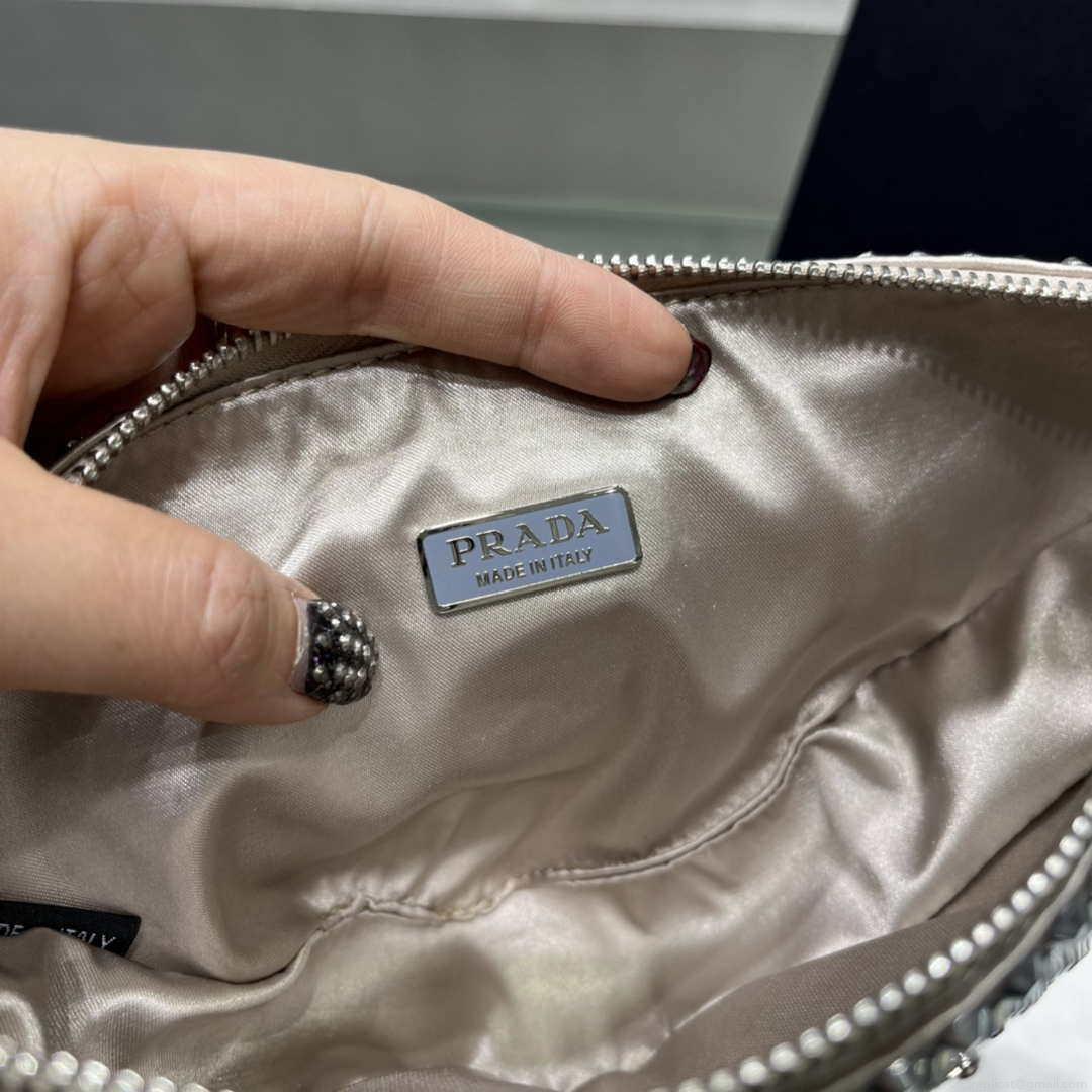 Prada 1NE039 Crystal-studded satin pouch Gray
