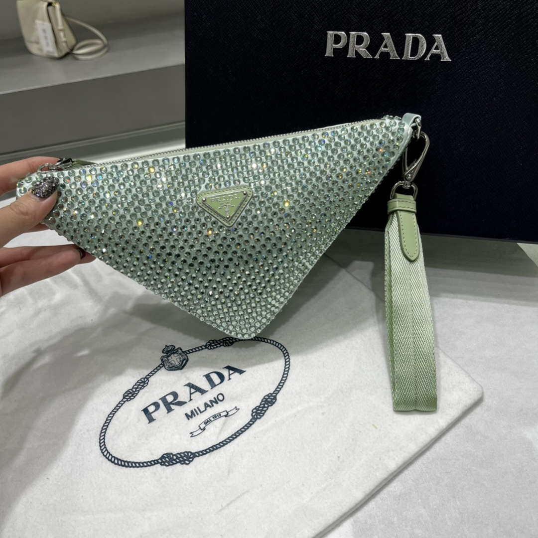 Prada 1NE039 Crystal-studded satin pouch Green