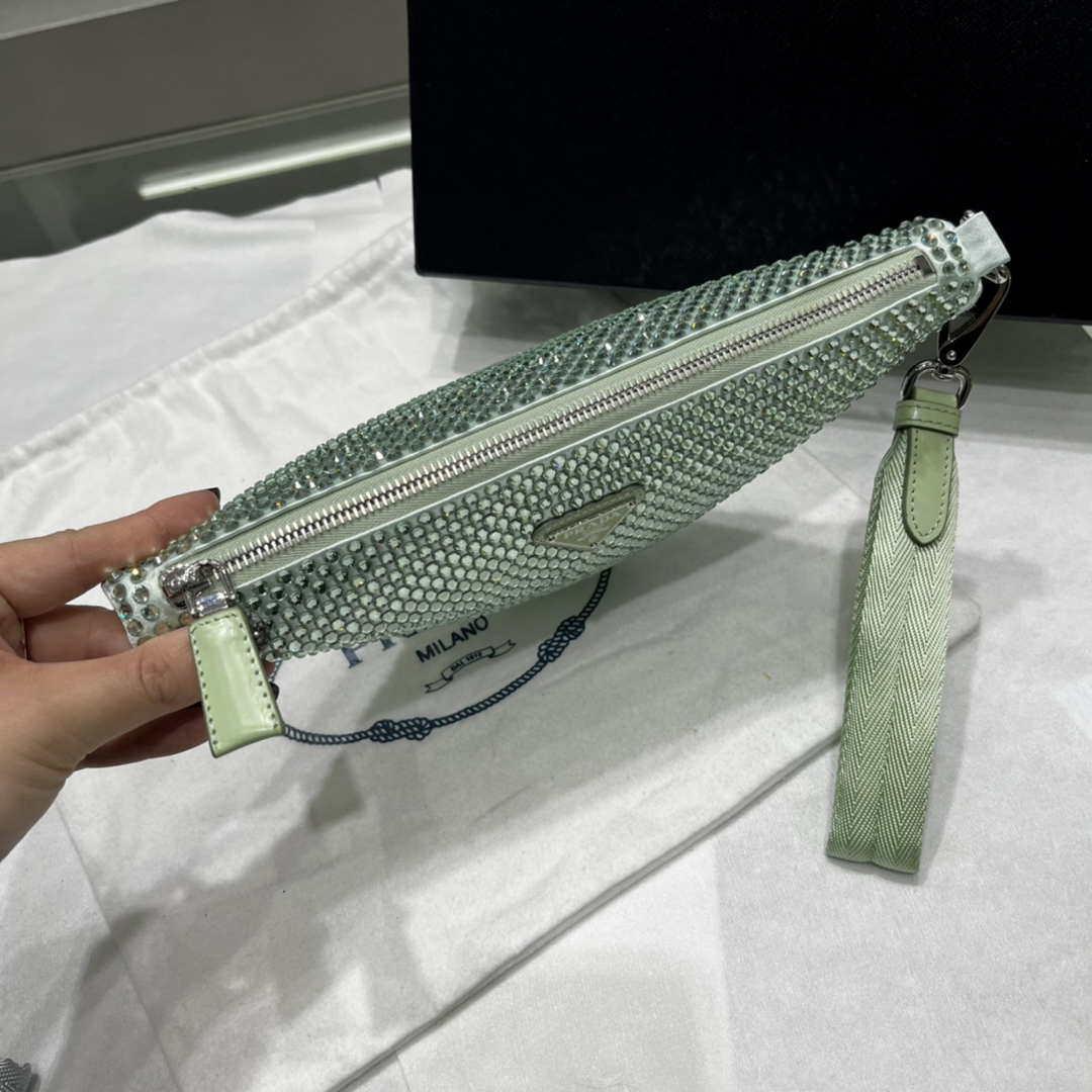 Prada 1NE039 Crystal-studded satin pouch Green