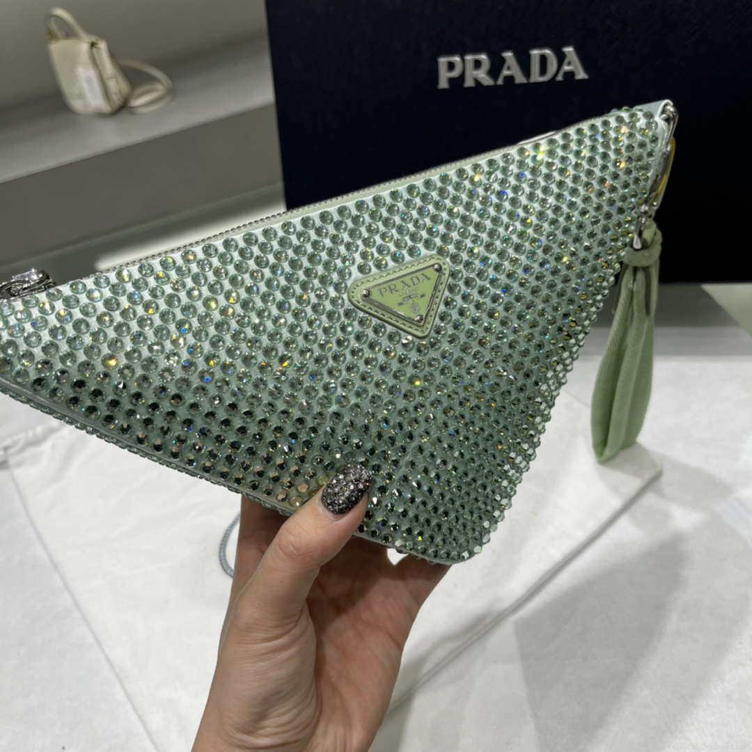 Prada 1NE039 Crystal-studded satin pouch Green