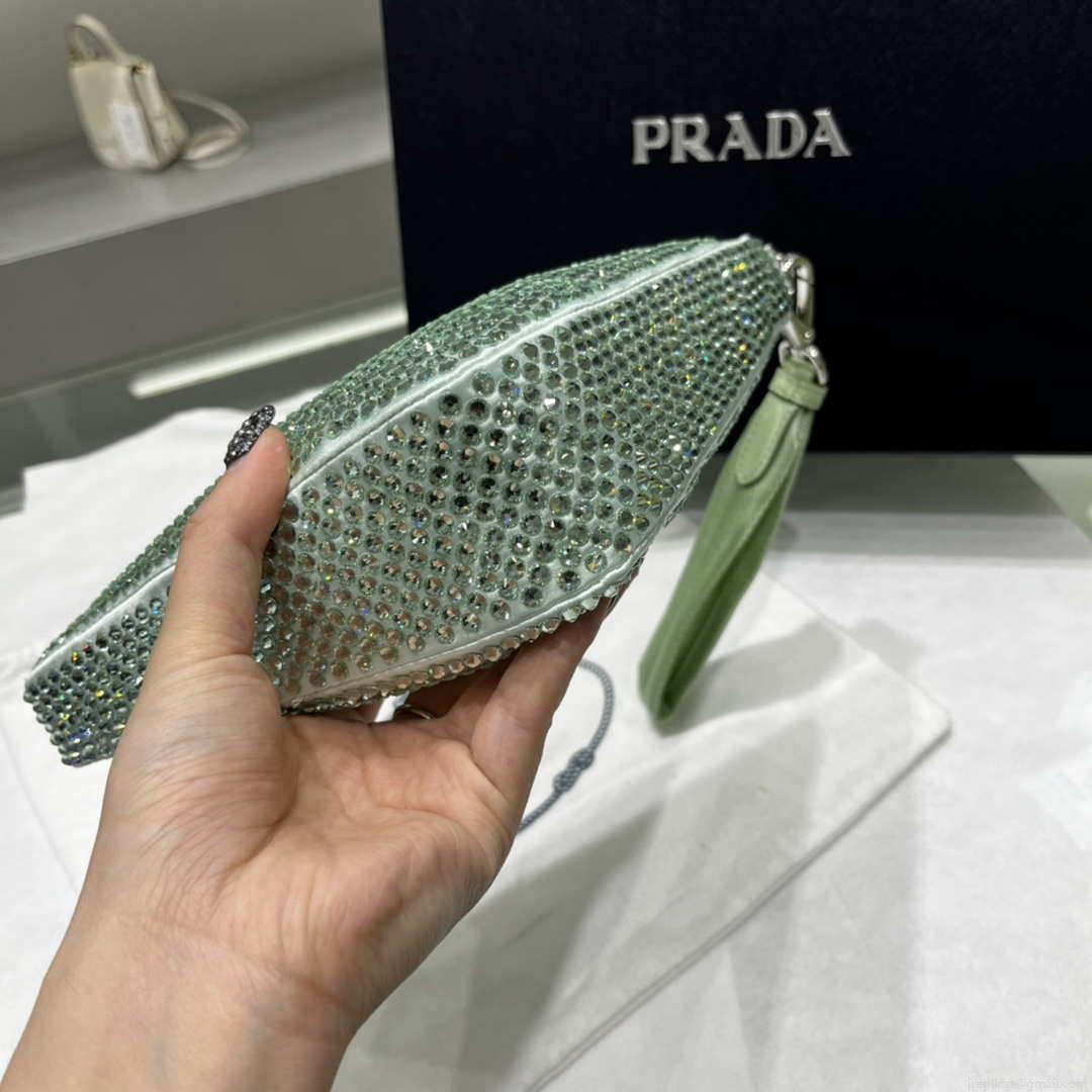 Prada 1NE039 Crystal-studded satin pouch Green