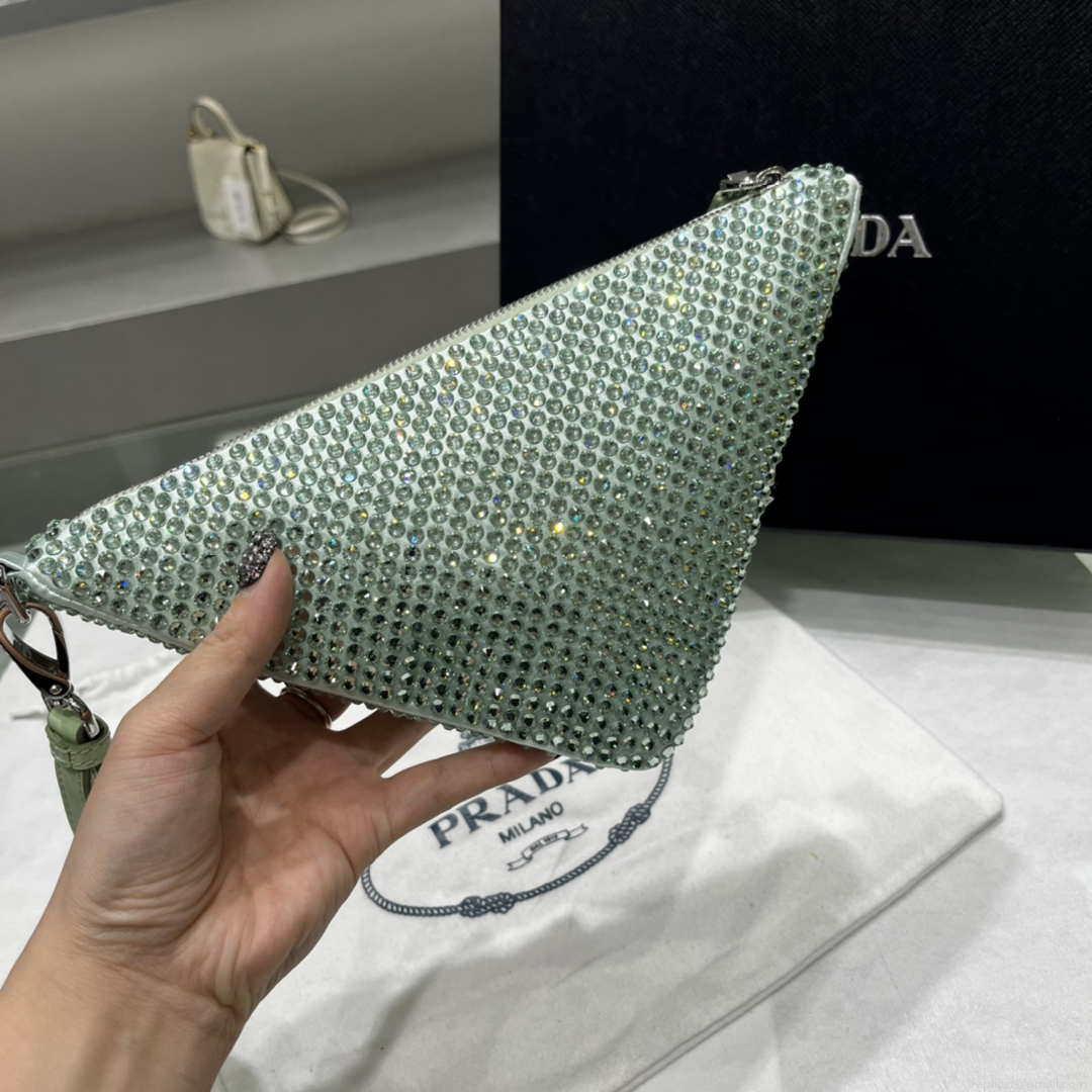Prada 1NE039 Crystal-studded satin pouch Green