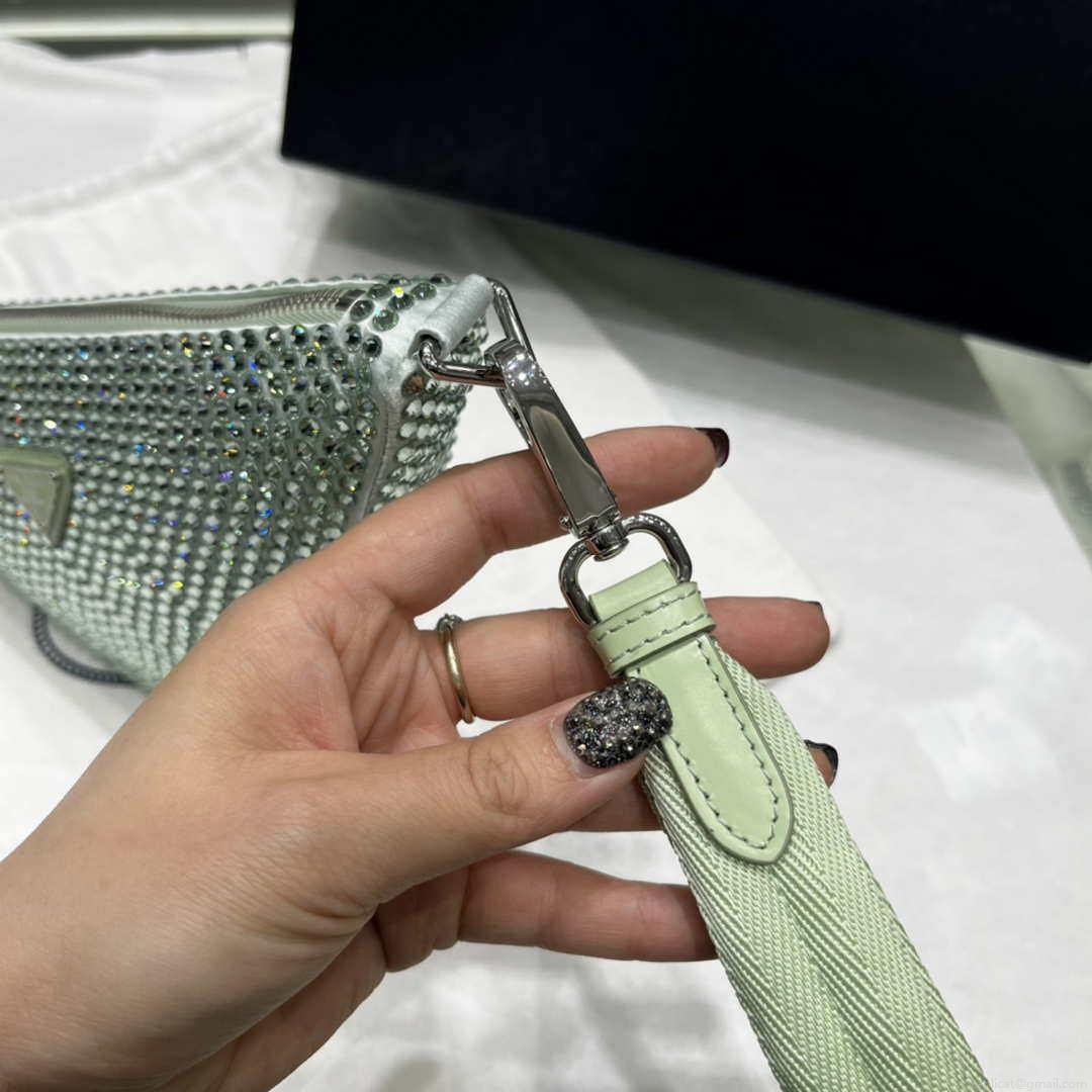 Prada 1NE039 Crystal-studded satin pouch Green