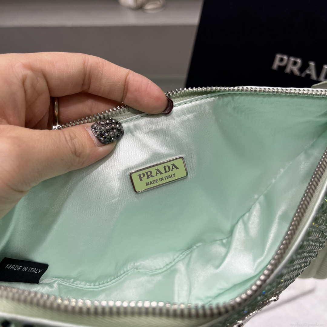 Prada 1NE039 Crystal-studded satin pouch Green