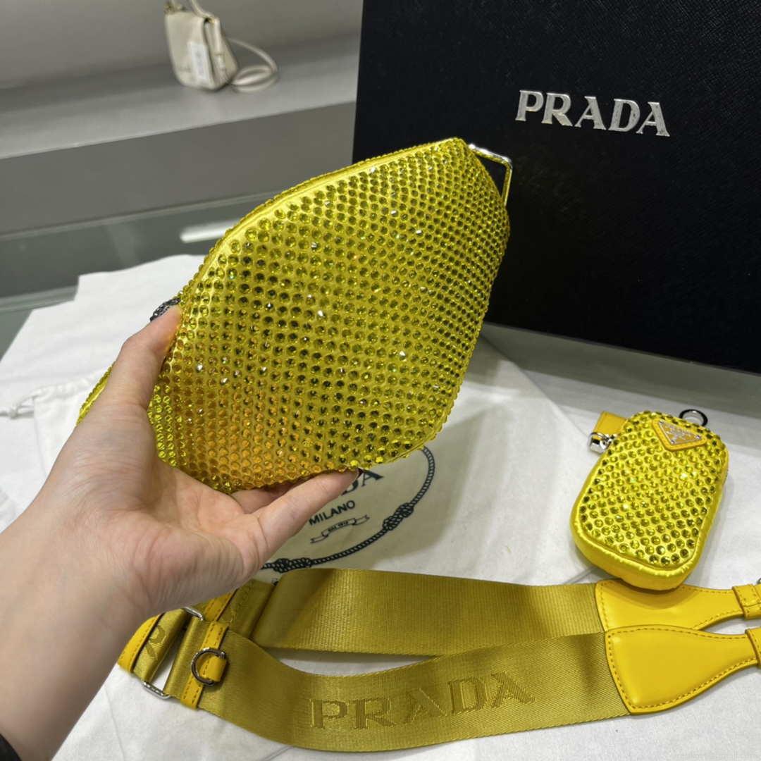 Prada 1NE190 Crystal-studded satin pouch Yellow