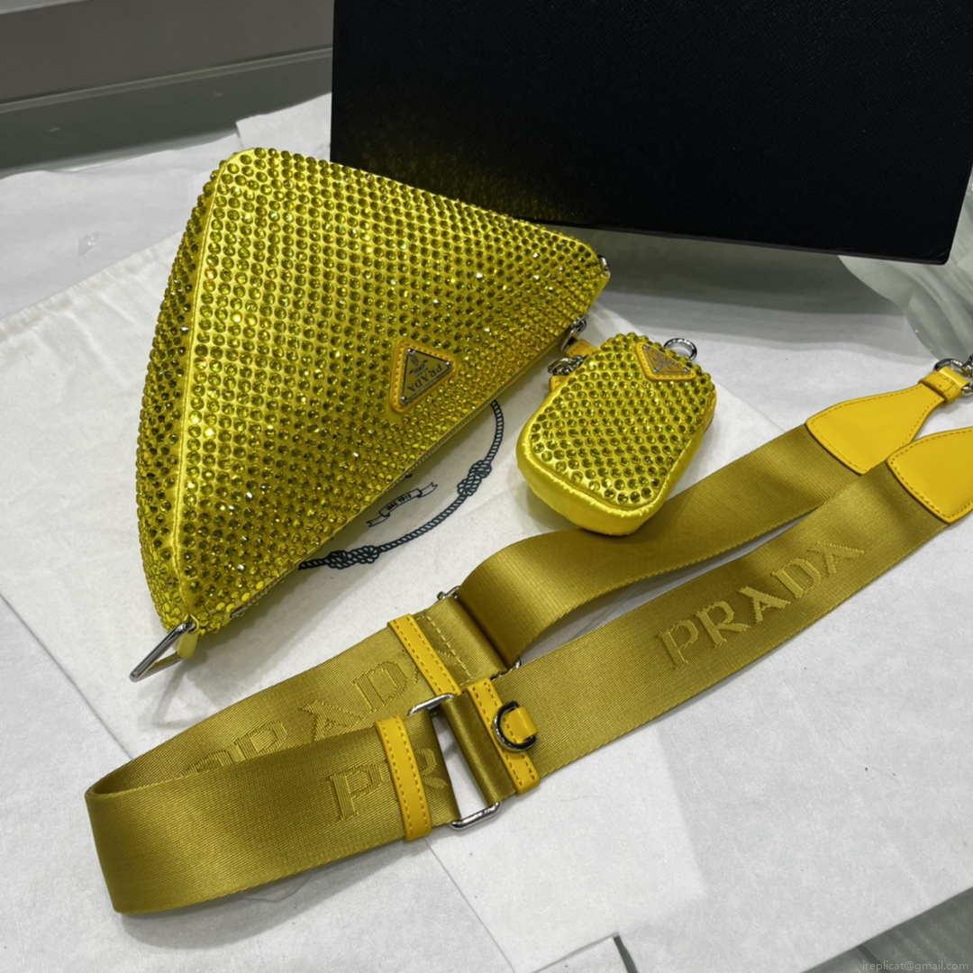 Prada 1NE190 Crystal-studded satin pouch Yellow