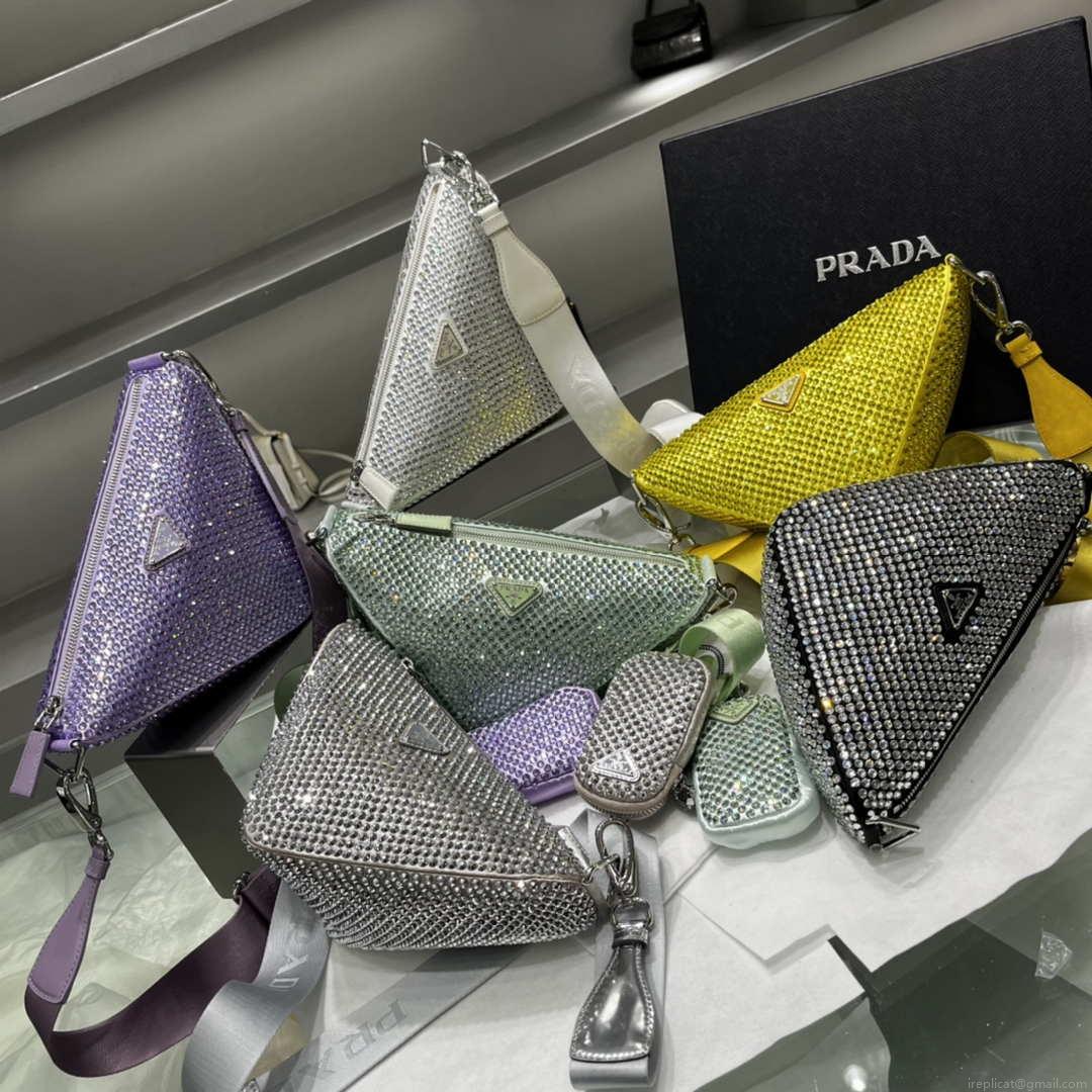 Prada 1NE190 Crystal-studded satin pouch White