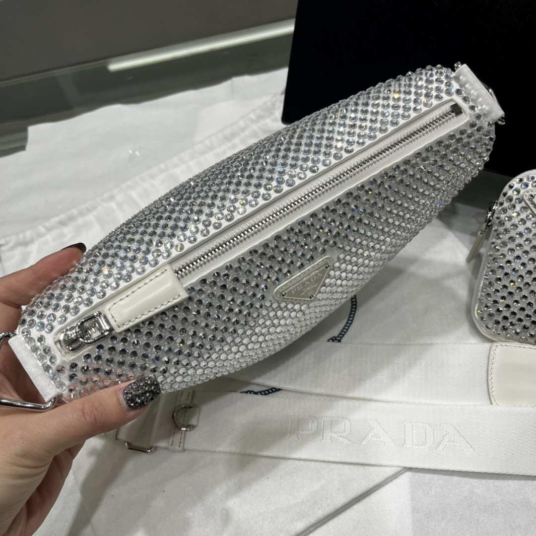 Prada 1NE190 Crystal-studded satin pouch White