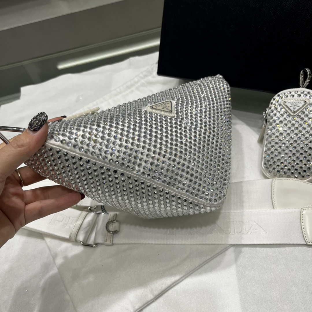 Prada 1NE190 Crystal-studded satin pouch White