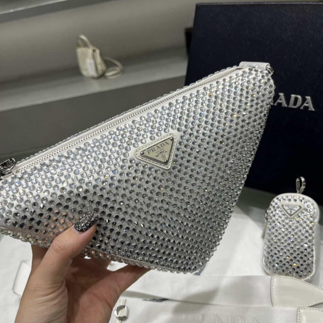 Prada 1NE190 Crystal-studded satin pouch White